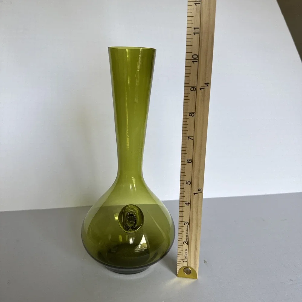 VTG ERCO Italian Art Glass Vase Olive Green MCM Bulbous Long Neck Applied Seal